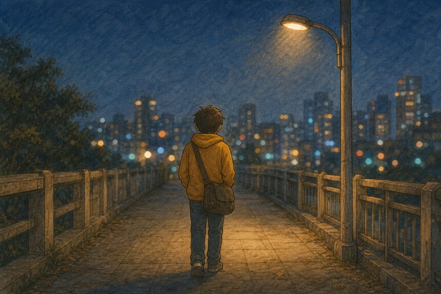 深夜街頭，一個人背著包獨自站著
